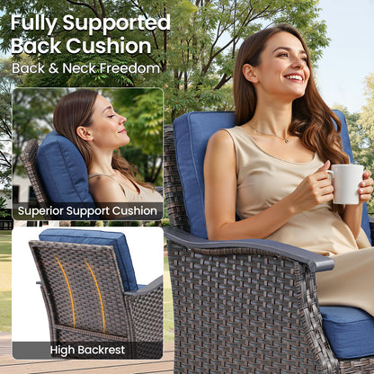 Outdoor gliding wicker chairs set of 2 with blue cushions, PE rattan patio gliders HouseOfZazla on Tampa Home & Garden Store