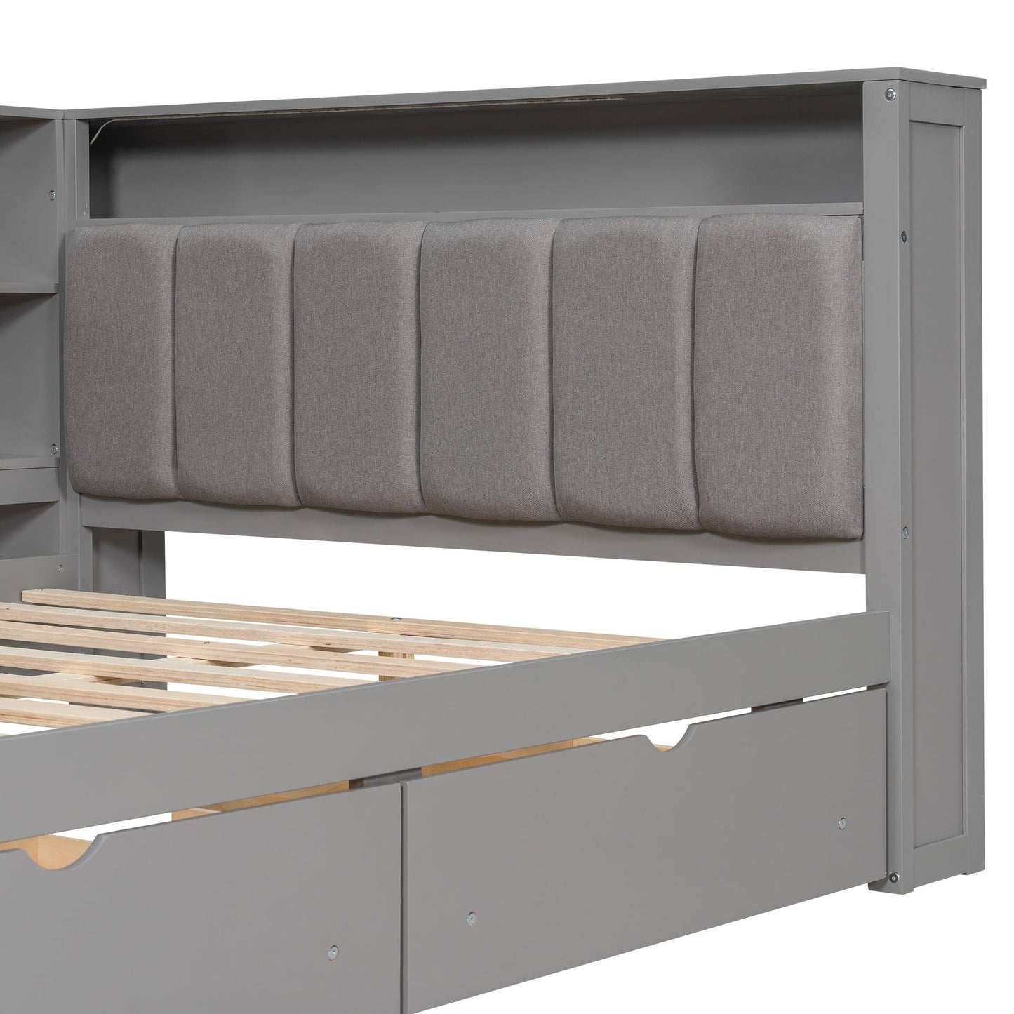 Gray platform bed frame with storage shelf and drawers, padded headboard on Tampa Home & Garden Store