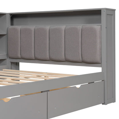 Gray platform bed frame with storage shelf and drawers, padded headboard on Tampa Home & Garden Store