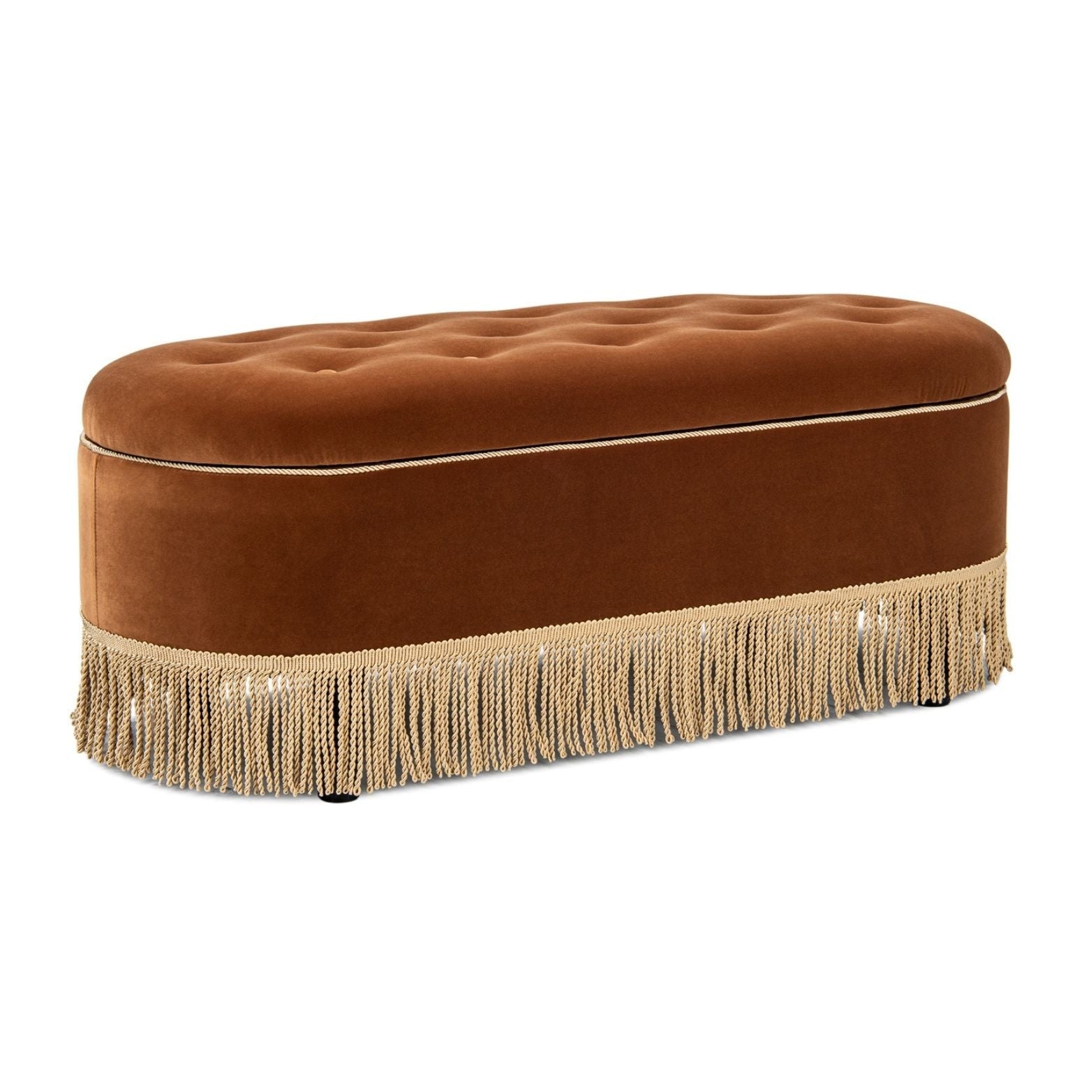 Melinda oval tufted bullion fringe storage bench in caramel velvet with gold fringe trim on Tampa Home & Garden Store
