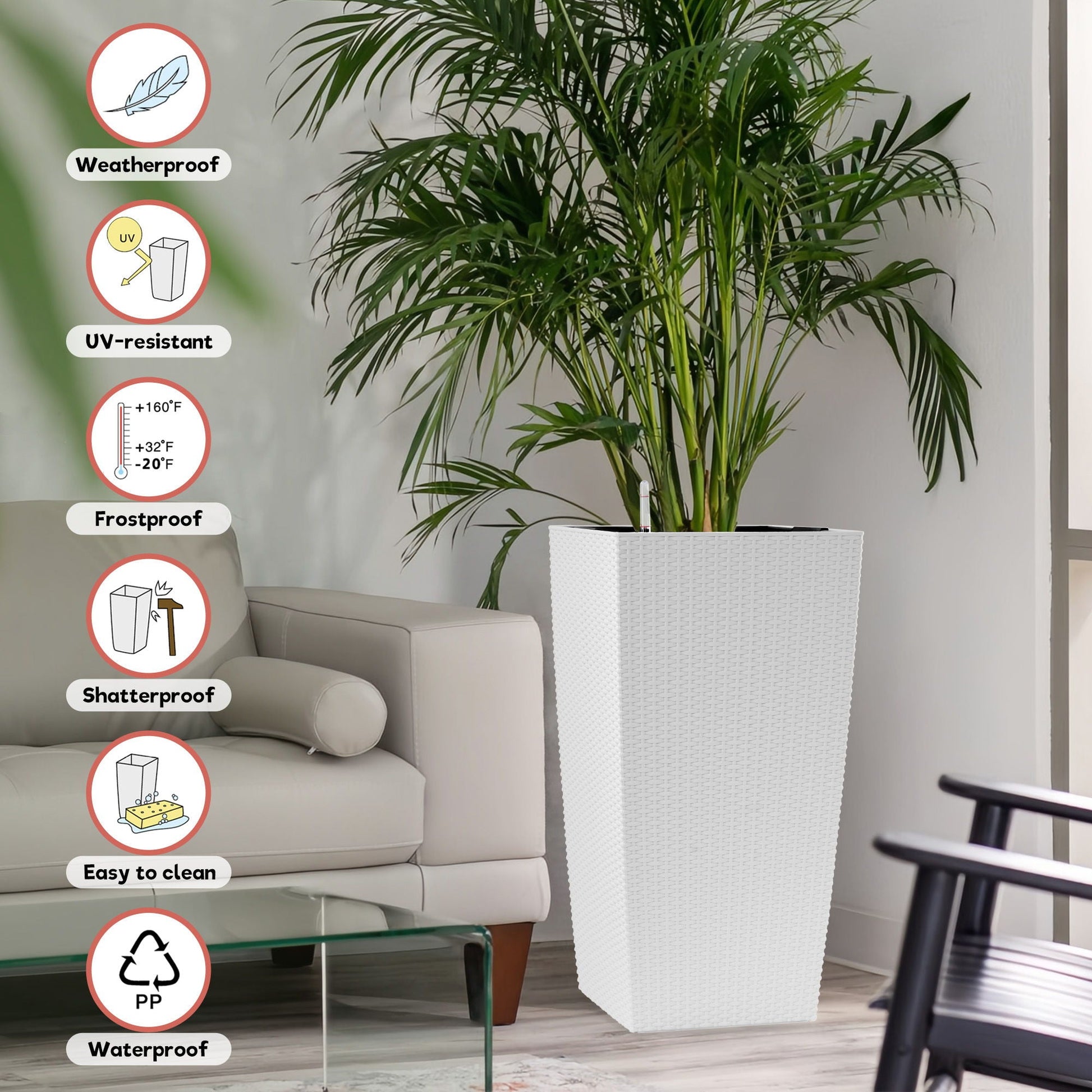Indoor Outdoor Planter With Automatic Watering System white woven planter with palm on Tampa Home & Garden Store