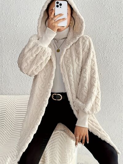 Beige Stevvex fuzzy hooded long coat, open-front plush outerwear worn by model on Tampa Home & Garden Store