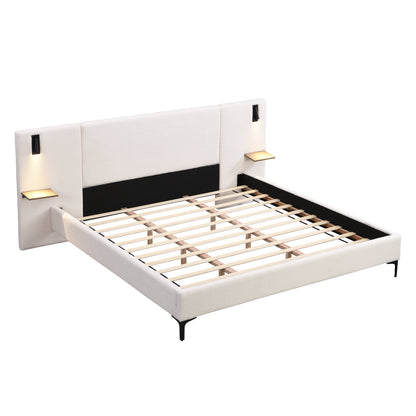 Elegant Boucle Bed With Built In Light And Shelf