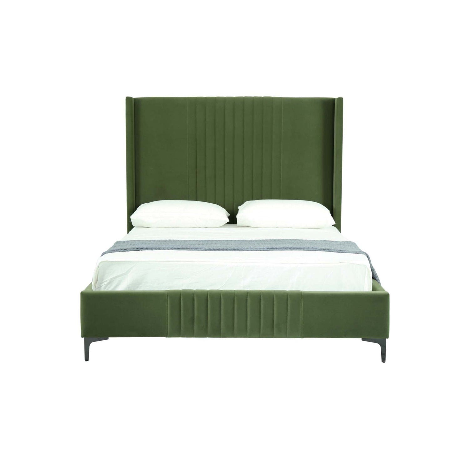 Promenade upholstered bed in green velvet with tall channel-tufted headboard and slats on Tampa Home & Garden Store