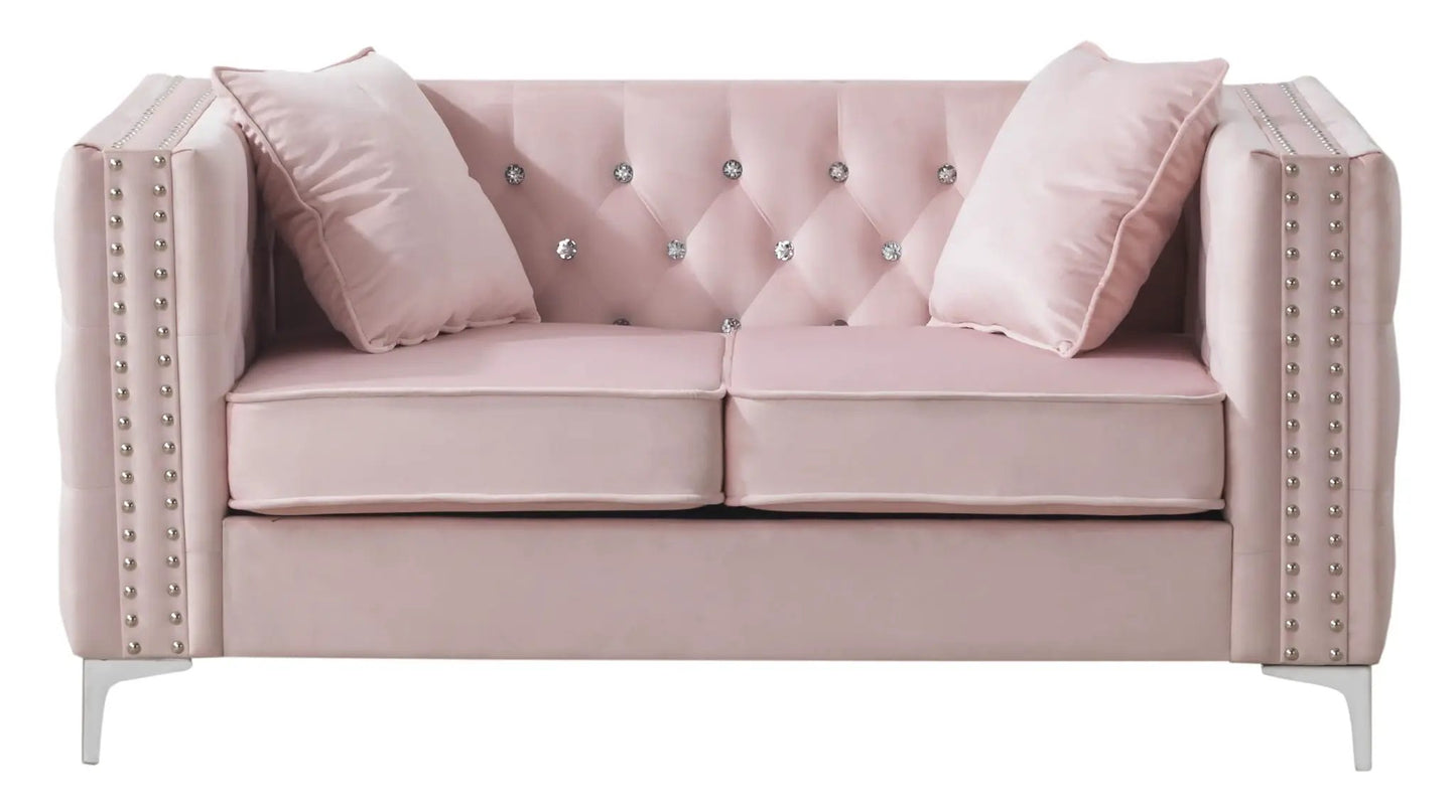 Elegant Track Arm Loveseat pink velvet with crystal buttons on Tampa Home & Garden Store
