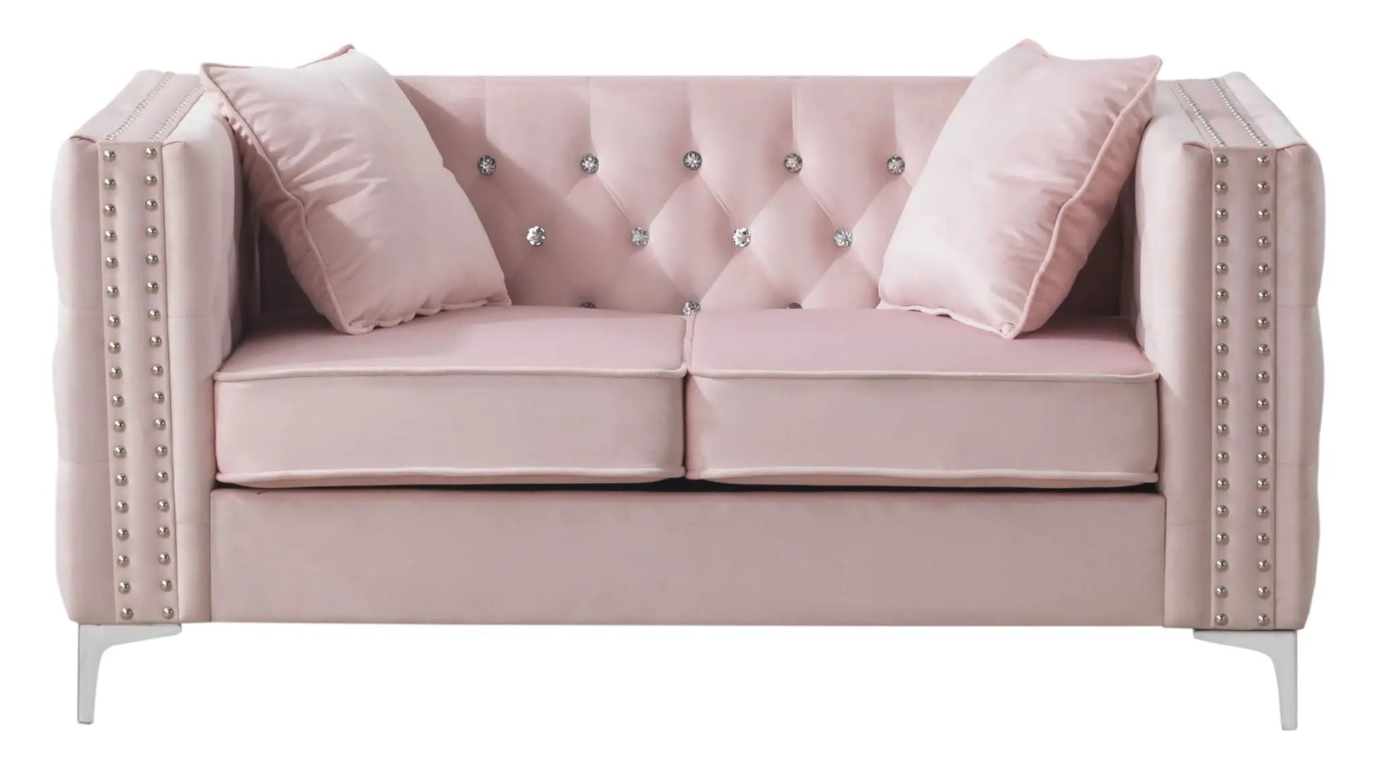 Elegant Track Arm Loveseat pink velvet with crystal buttons on Tampa Home & Garden Store