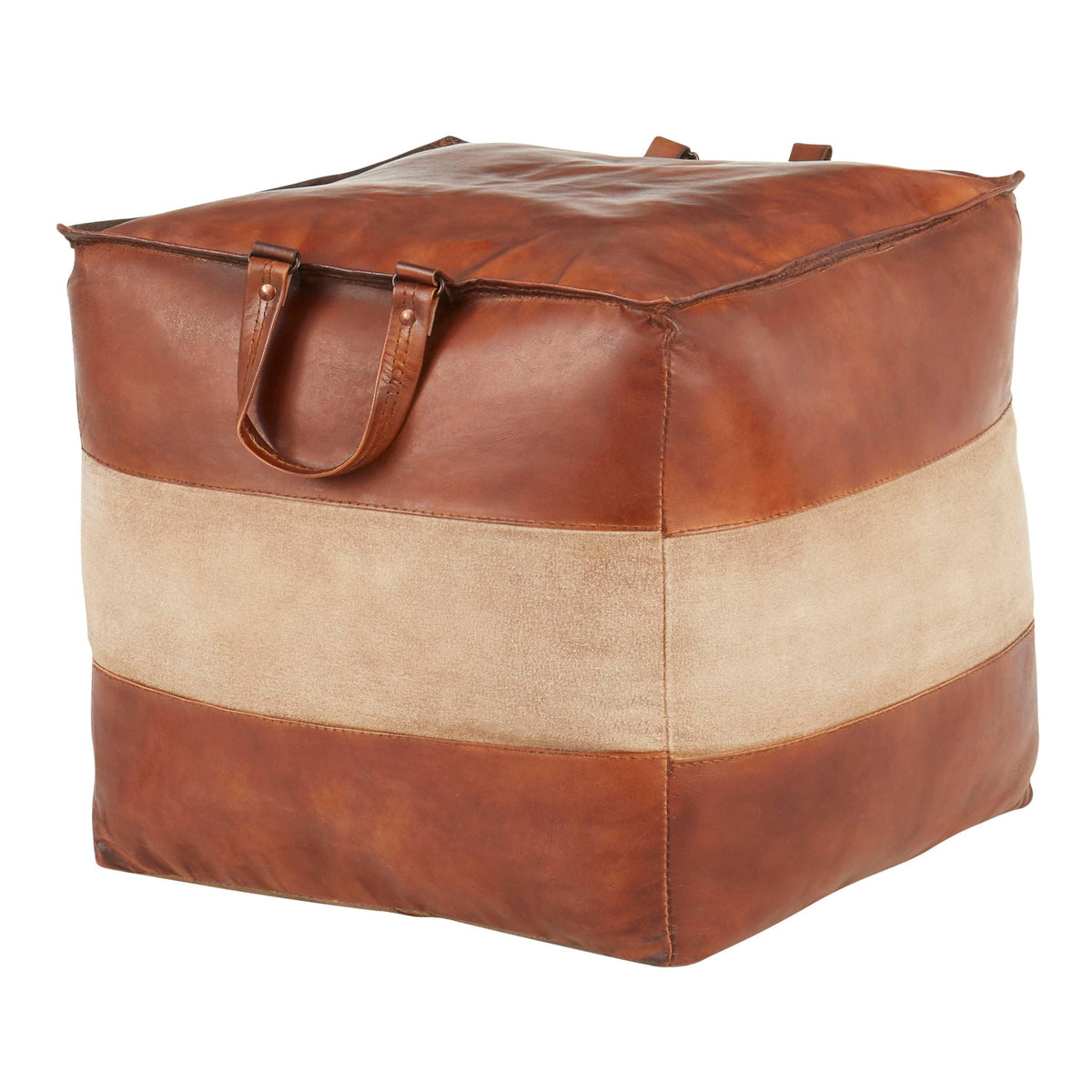 Industrial pouf ottoman with side handles in brown leather and beige fabric by HouseOfZazla on Tampa Home & Garden Store