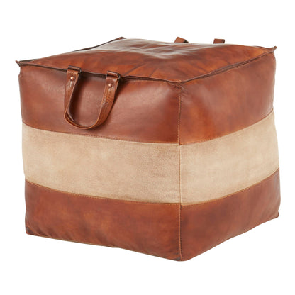 Industrial pouf ottoman with side handles in brown leather and beige fabric by HouseOfZazla on Tampa Home & Garden Store