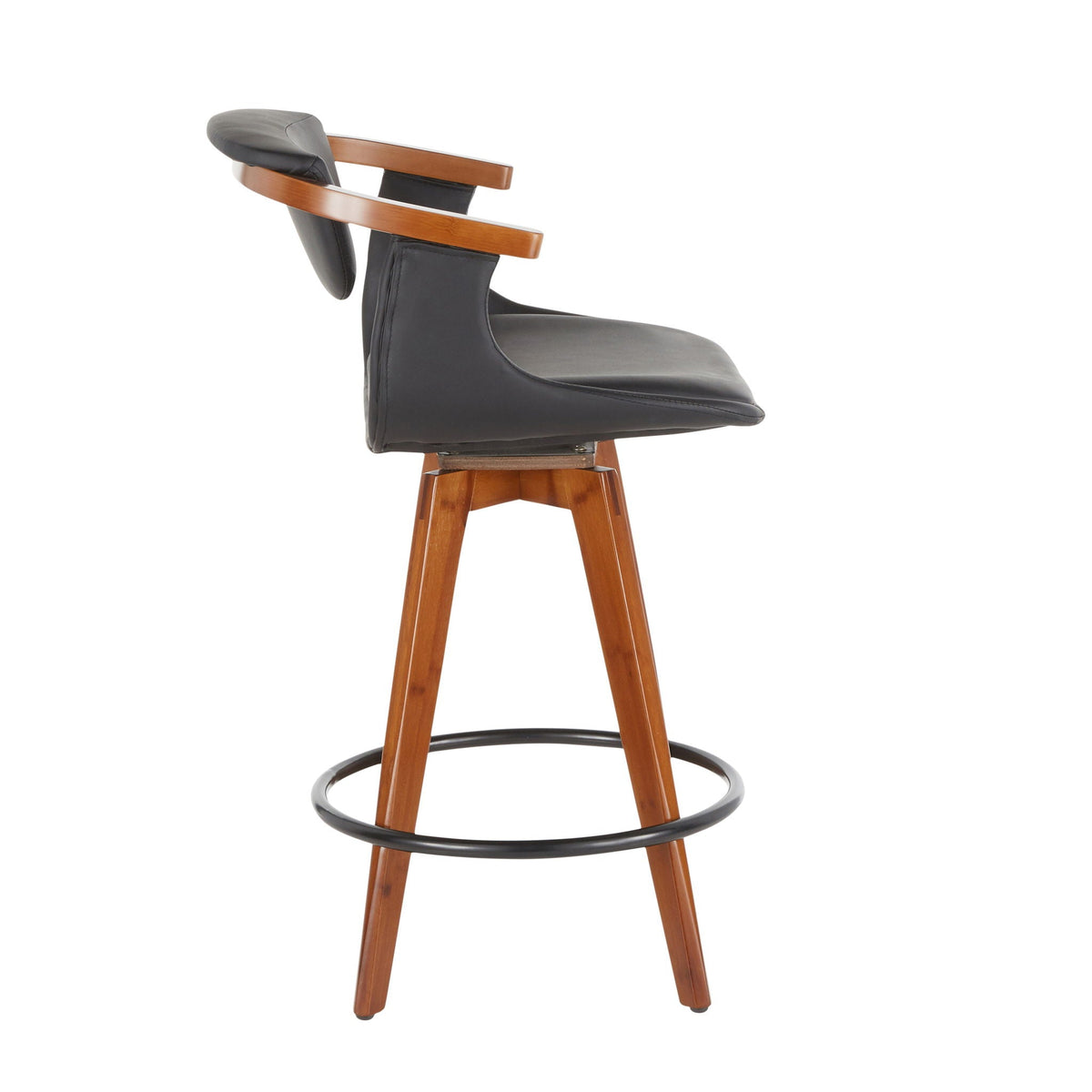 Mid Century Modern counter height stool with swivel seat, black leatherette and wood legs on Tampa Home & Garden Store
