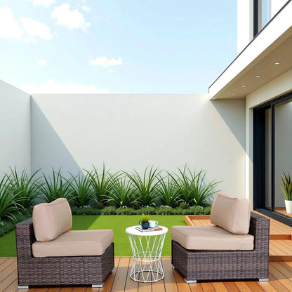 Two wide armless outdoor wicker chairs with beige cushions, set of 2, on deck on Tampa Home & Garden Store