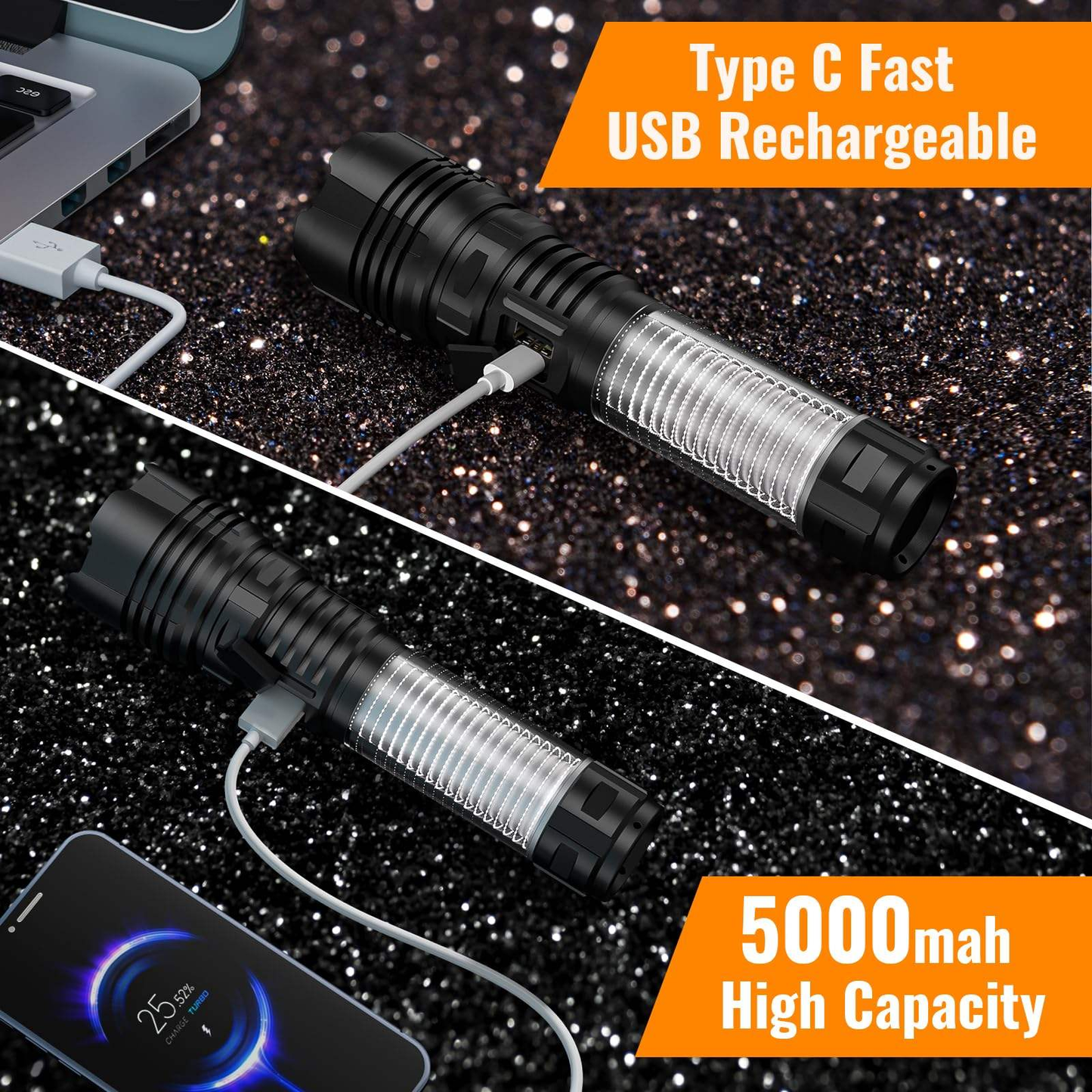 Powerlite 3 in 1 Rechargeable Flashlight set of 3 black ribbed torches with USB-C charging on Tampa Home & Garden Store