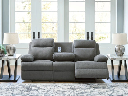 Side-Swipe reclining sofa with drop-down table in gray fabric upholstery on Tampa Home & Garden Store