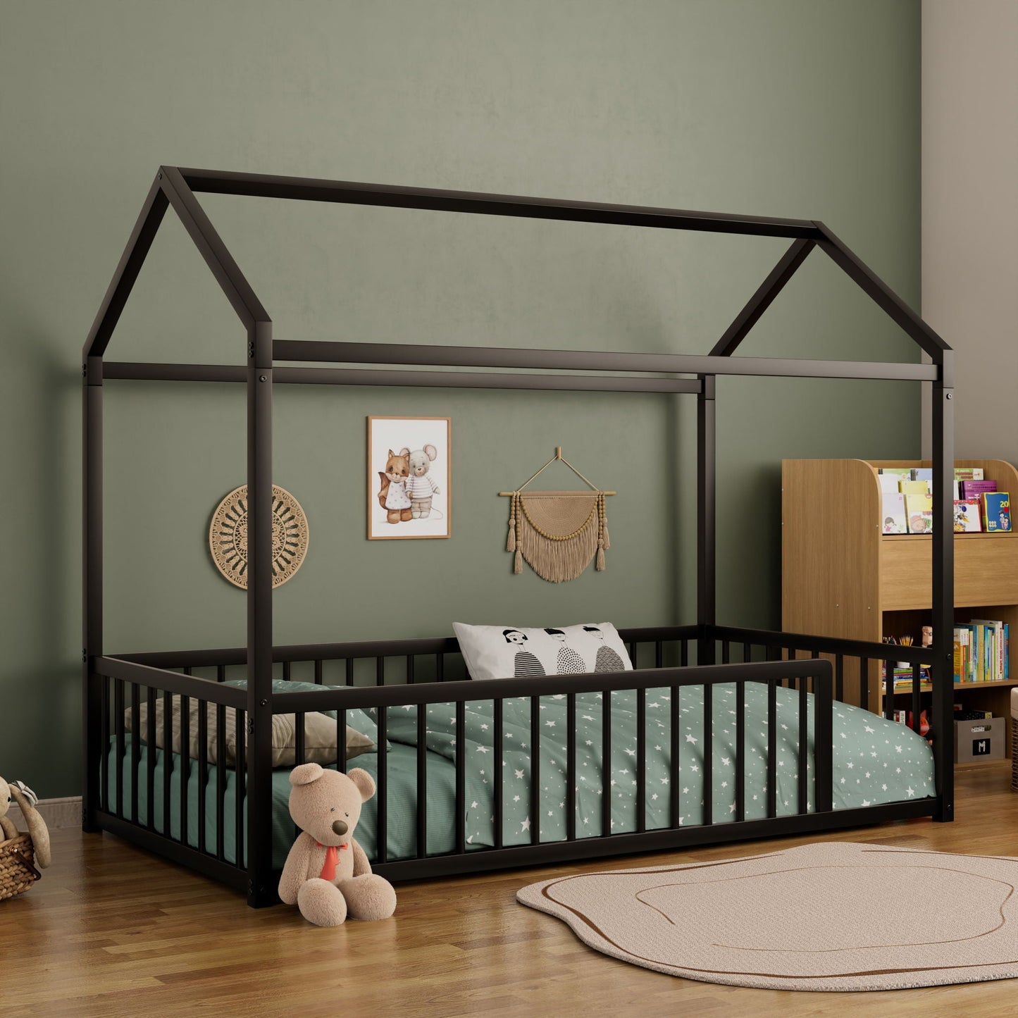 Cozy Montessori House Floor Bed and a Safety Rail