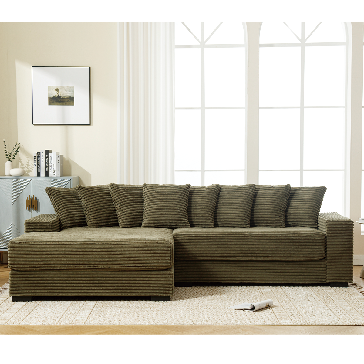Oversized Corduroy Sofa with Left Chaise Daybed in brown, textured cushions and ottoman on Tampa Home & Garden Store