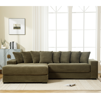 Oversized Corduroy Sofa with Left Chaise Daybed in brown, textured cushions and ottoman on Tampa Home & Garden Store