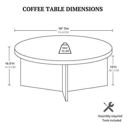 Round coffee table with solid veneer top, 36 in dia, max 75 lbs, assembly required on Tampa Home & Garden Store