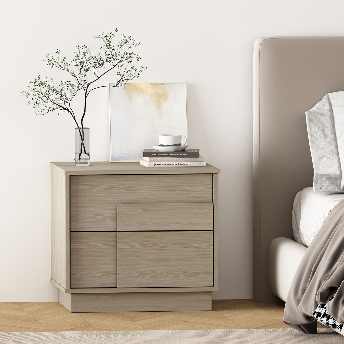 Modern nightstand with push-to-open drawers in light brown wood by HouseOfZazla beside bed on Tampa Home & Garden Store