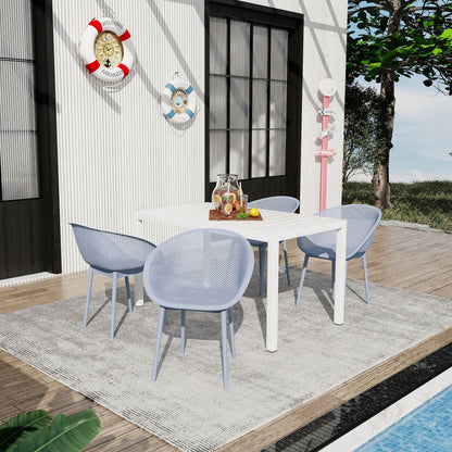 5 Piece Outdoor Lounge Chair Set with Table white table and 4 light blue plastic chairs on Tampa Home & Garden Store