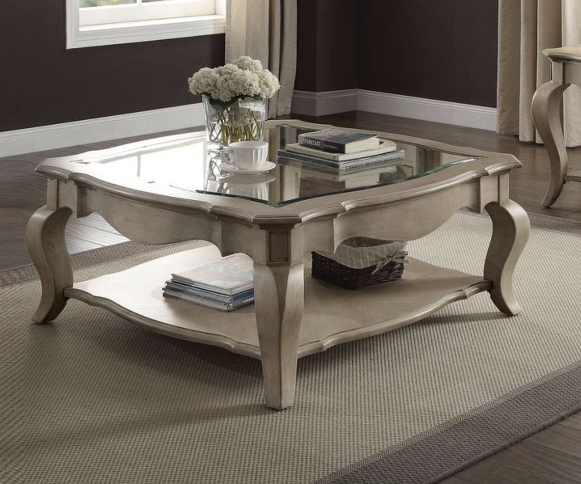 Chelmsford Clear Glass Coffee Table by HouseOfZazla in taupe with curved legs on Tampa Home & Garden Store