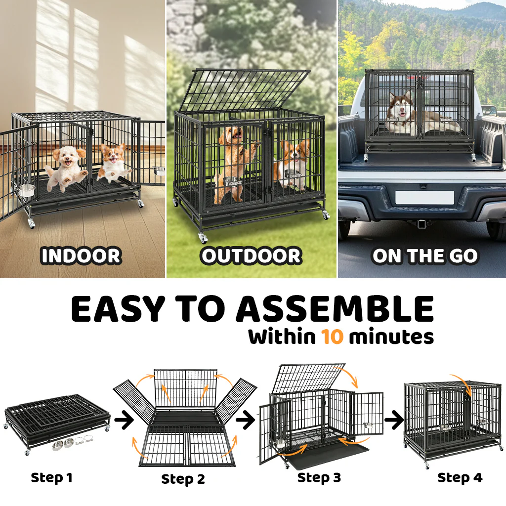 Homey Pet Official 42in Stackable Dog Crate, black metal kennel on wheels indoor/outdoor use on Tampa Home & Garden Store