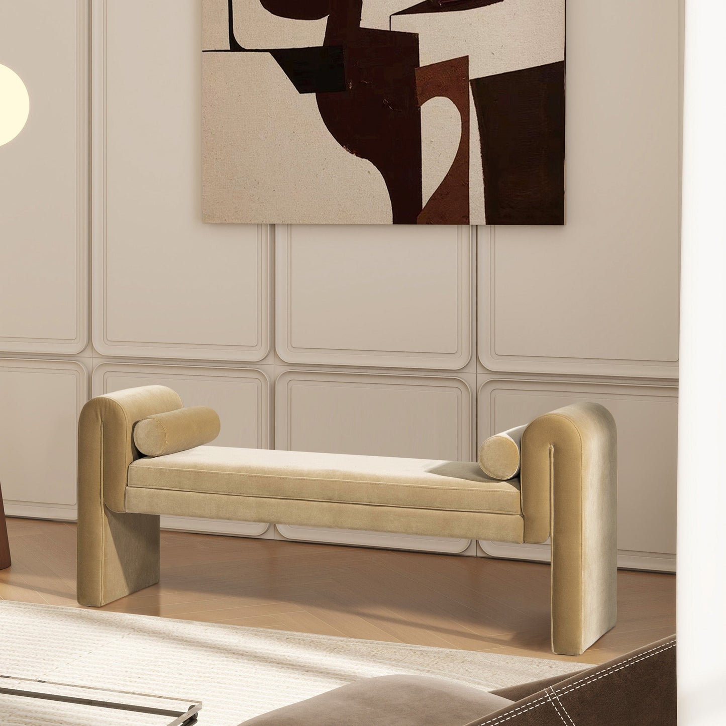 Mason 60.5in arched-arm upholstered bench with beige bolster pillows HouseOfZazla on Tampa Home & Garden Store