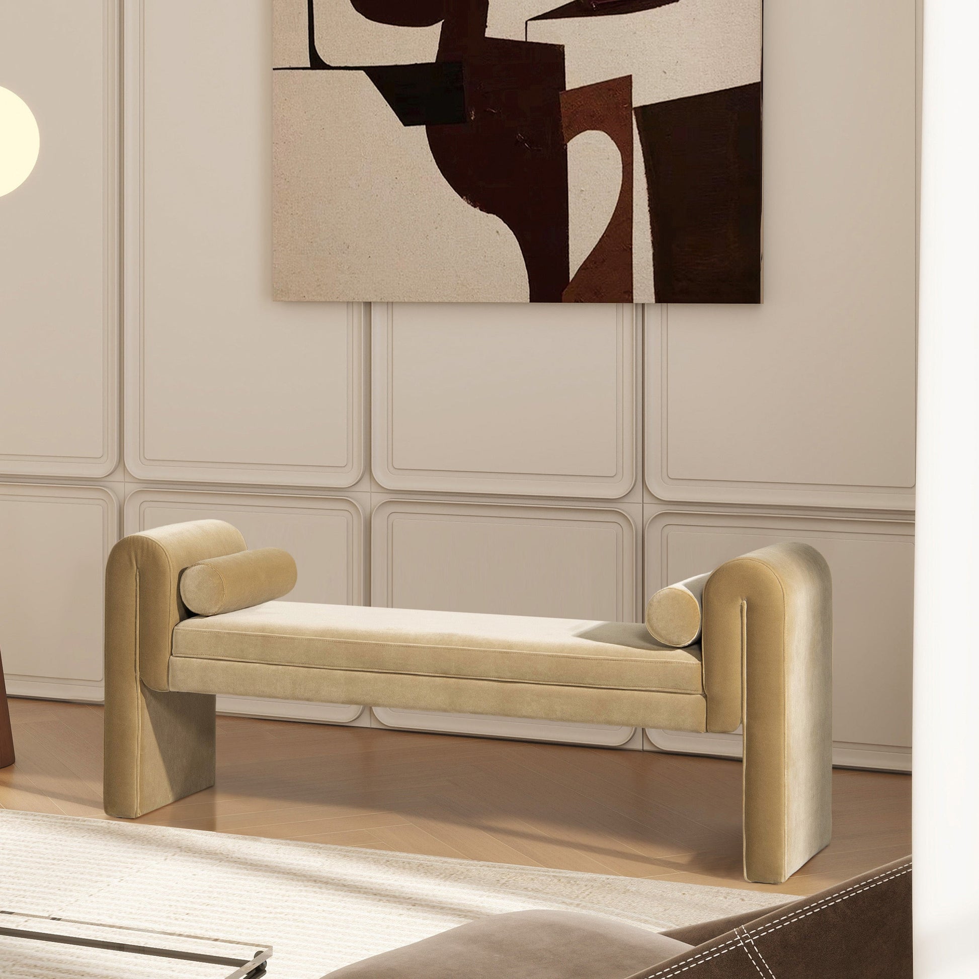 Mason 60.5in arched-arm upholstered bench with beige bolster pillows HouseOfZazla on Tampa Home & Garden Store