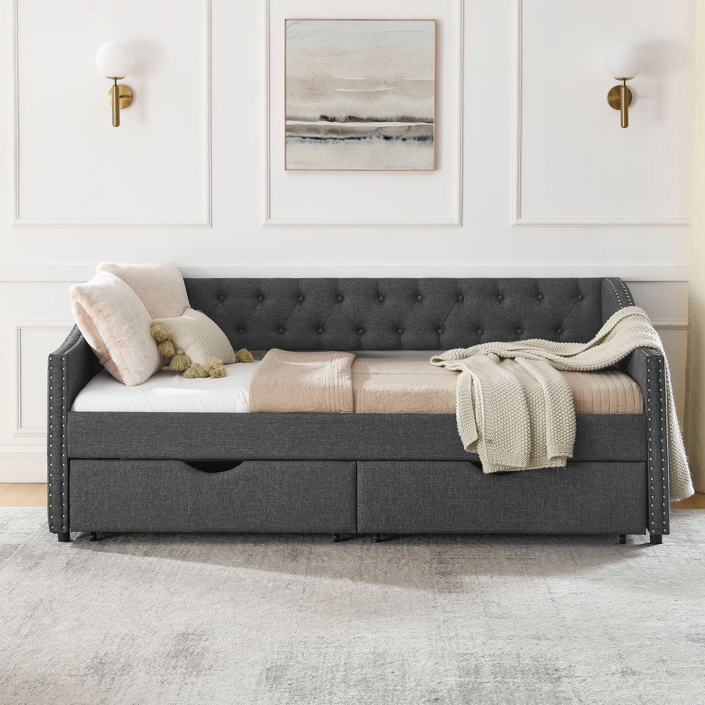 Upholstered Tufted Daybed with Storage Drawers