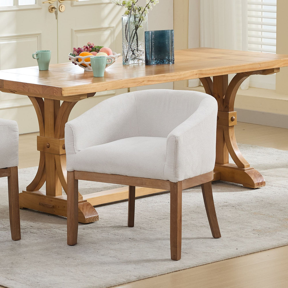 Mid Century Modern upholstered barrel dining chairs with arms in light gray fabric, 2 shown on Tampa Home & Garden Store