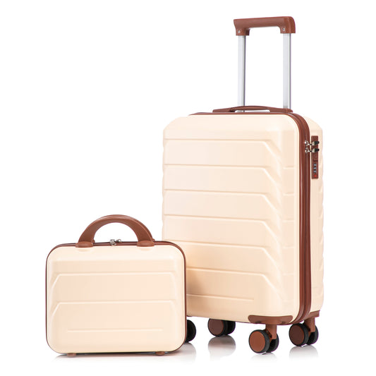 Two-piece beige ABS spinner luggage set by HouseOfZazla, 14/20in with brown trim on Tampa Home & Garden Store