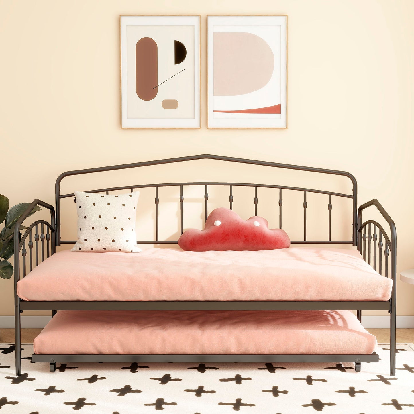 Fox daybed with twin trundle, HouseOfZazla, black metal frame, pink bedding with dotted pillow on Tampa Home & Garden Store