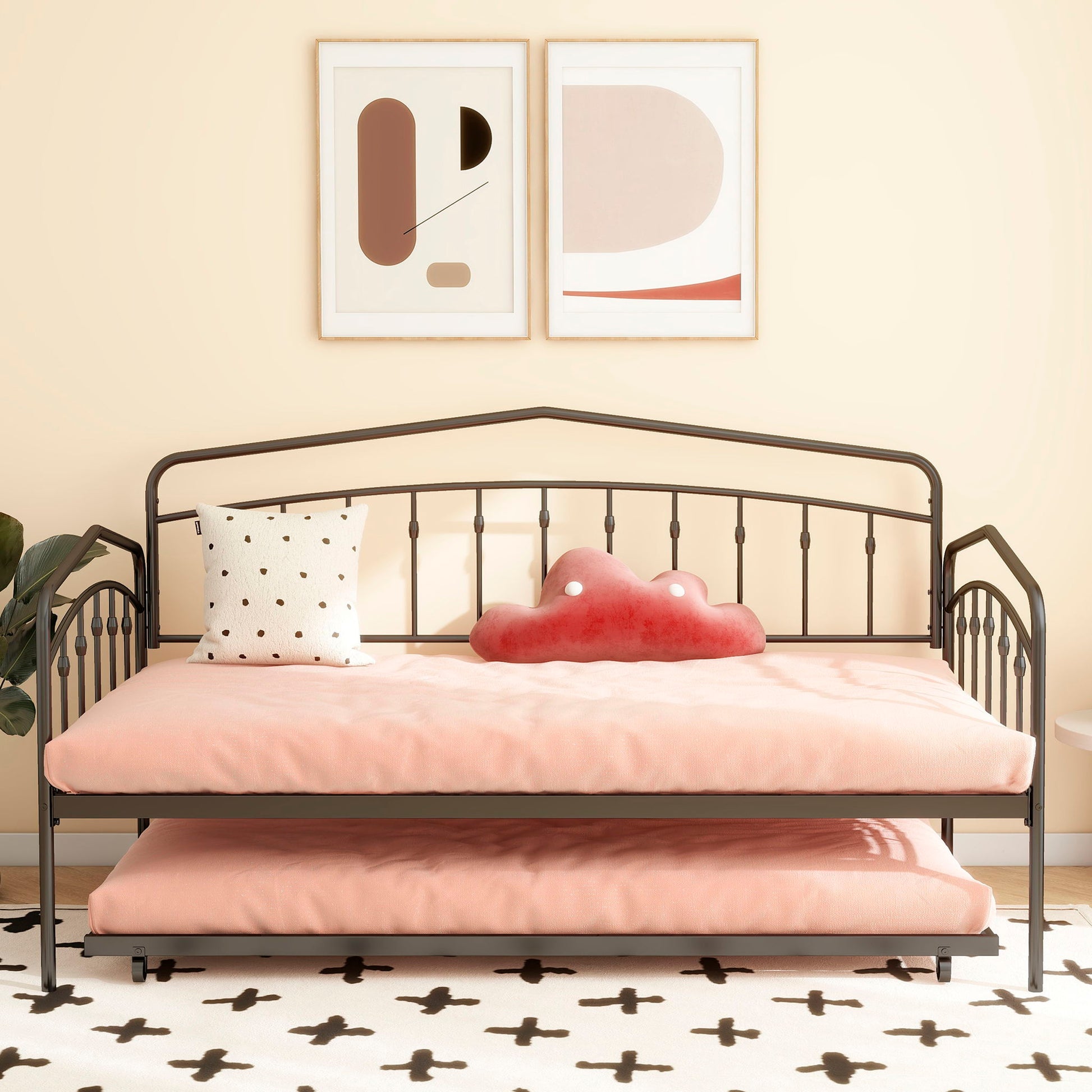 Fox daybed with twin trundle, HouseOfZazla, black metal frame, pink bedding with dotted pillow on Tampa Home & Garden Store