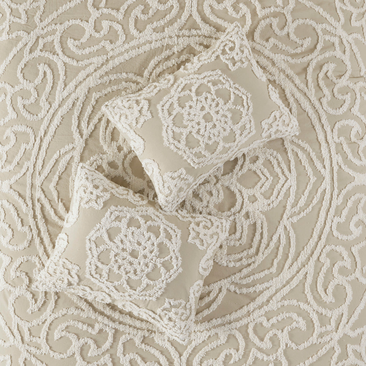 King/Cal King tufted cotton duvet cover set with beige chenille medallion design and two shams on Tampa Home & Garden Store