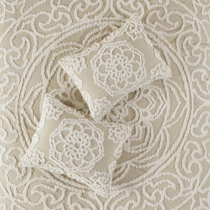 King/Cal King tufted cotton duvet cover set with beige chenille medallion design and two shams on Tampa Home & Garden Store