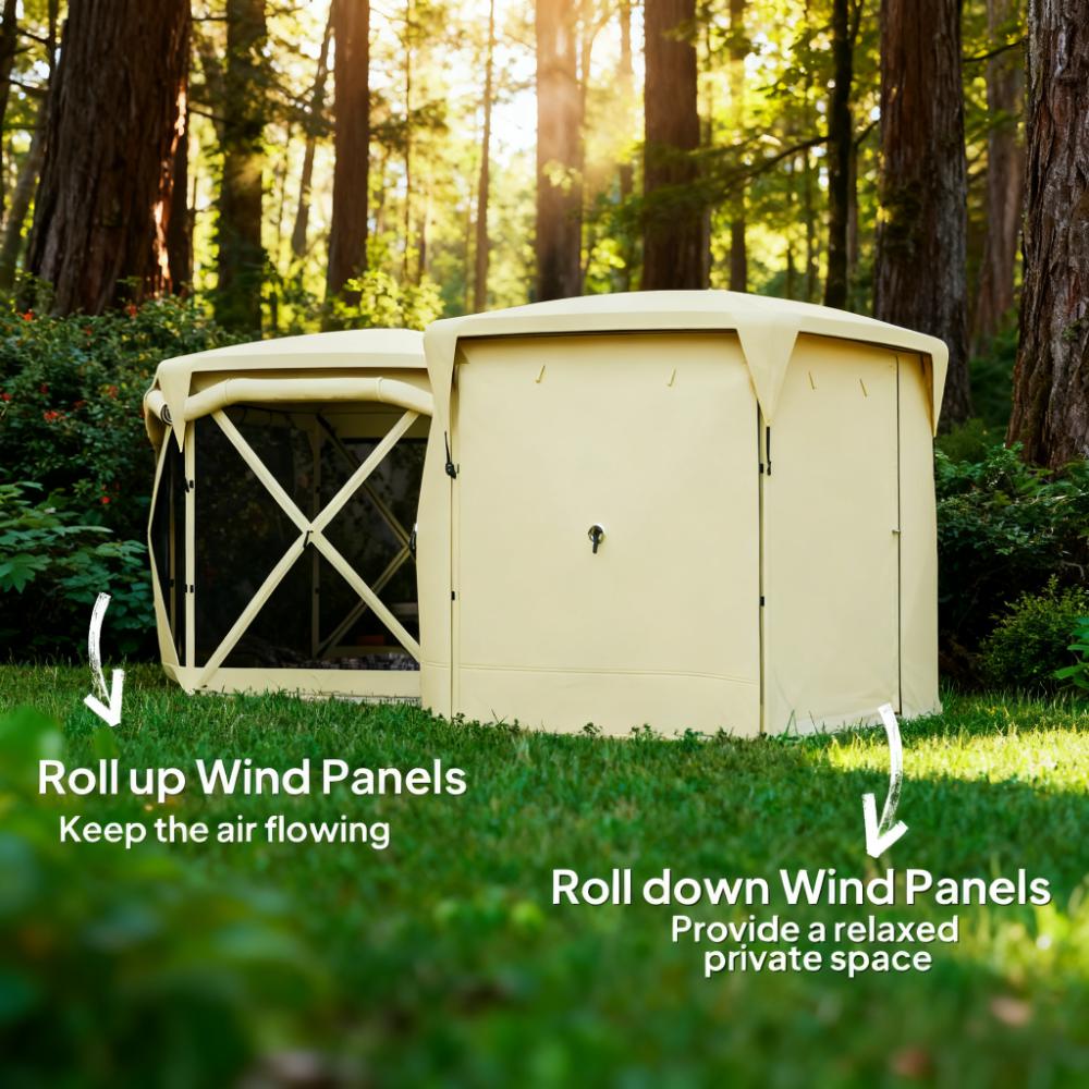 Two beige 11 x 11ft pop up tents by HouseOfZazla with removable roof cover on Tampa Home & Garden Store