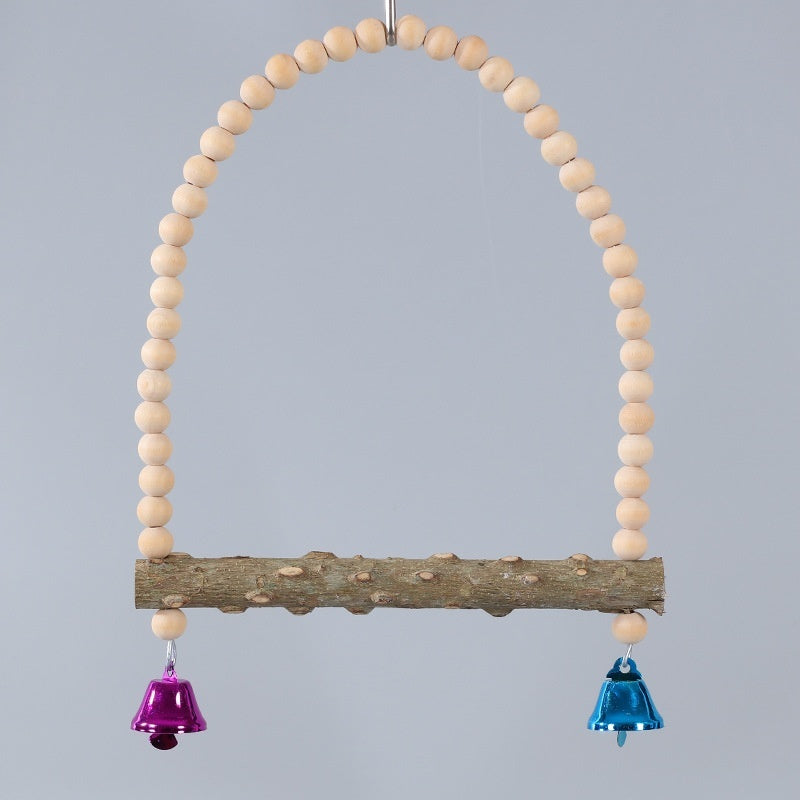 Parrot solid wood stand rod swing grinding claw toy with bead arch and branch, purple blue bells on Tampa Home & Garden Store