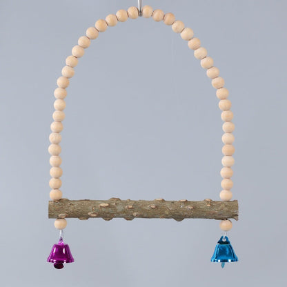 Parrot solid wood stand rod swing grinding claw toy with bead arch and branch, purple blue bells on Tampa Home & Garden Store