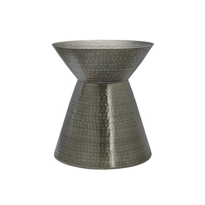 Drum Accent Side Table hammered metal in metallic gray with hammered texture and hourglass silhouette on Tampa Home & Garden Store