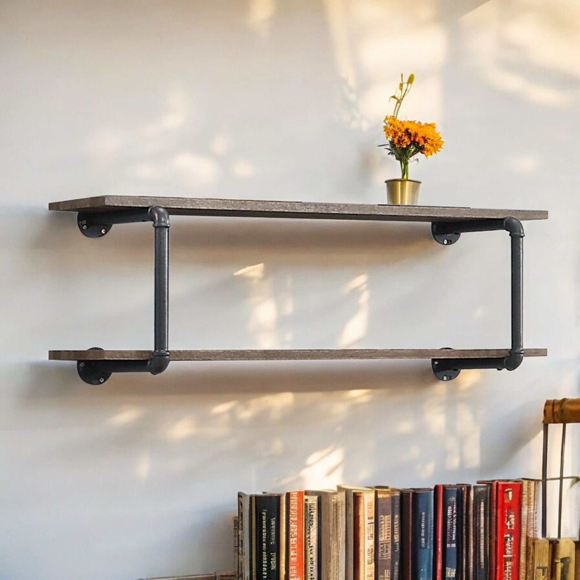 Brantley antique oak wall rack, two-tier wood shelves with dark metal pipe frame HouseOfZazla on Tampa Home & Garden Store