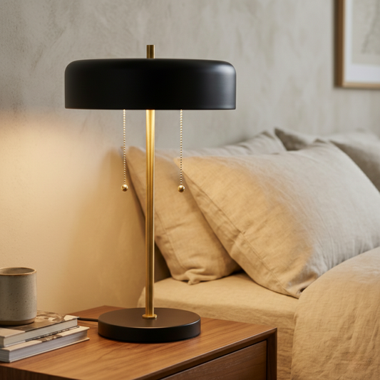 Obni Nordic bedside lamp with black drum shade and gold stem on a nightstand with pull chains on Tampa Home & Garden Store