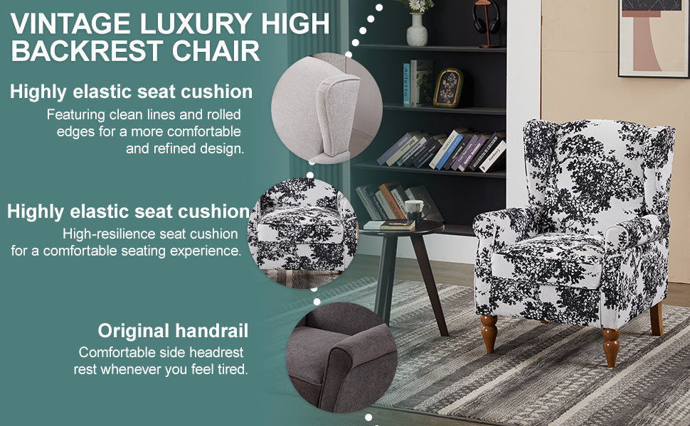 Coffee Table & Armchair Set HouseOfZazla with black floral upholstery and wooden legs on Tampa Home & Garden Store