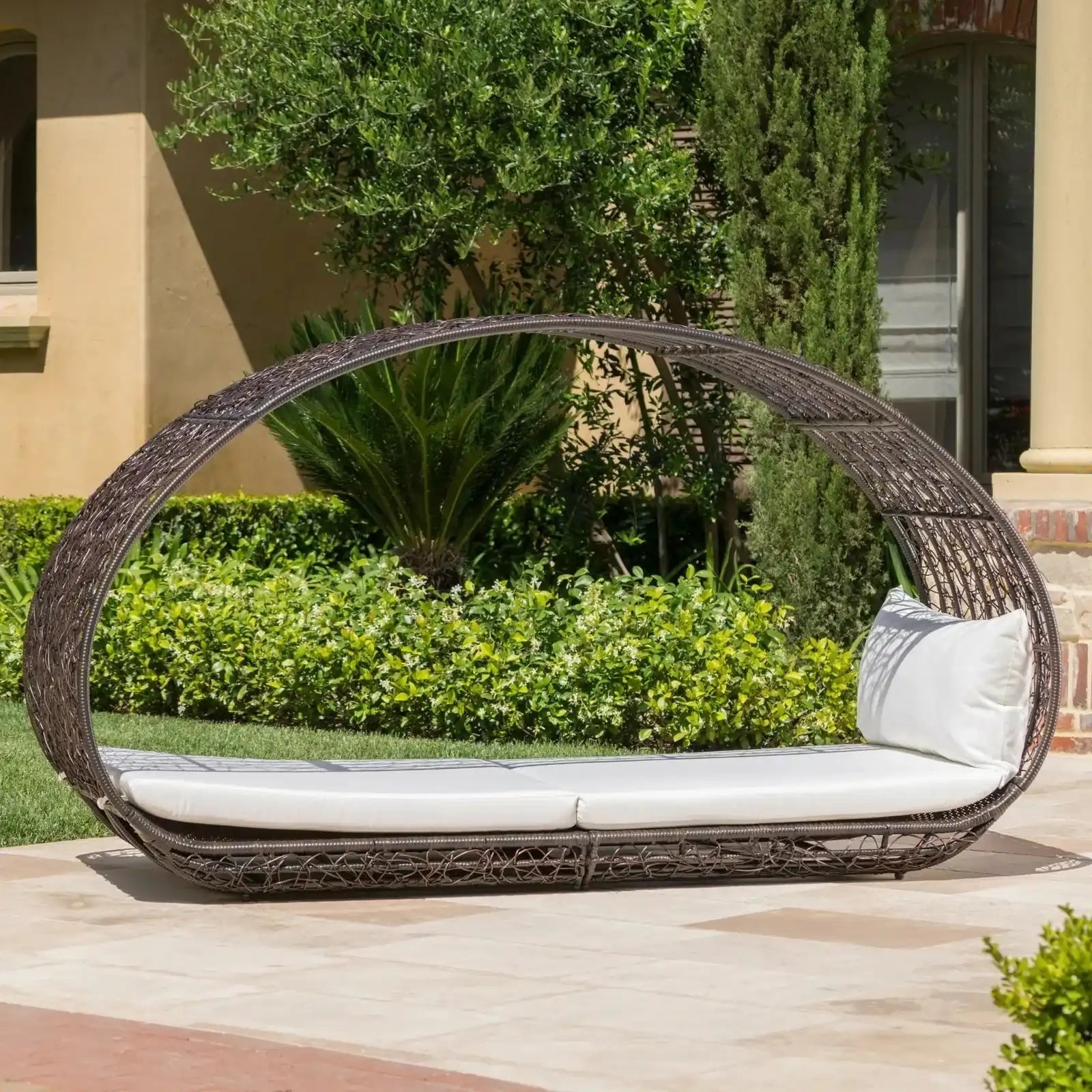 Abigal Outdoor Wicker Daybed With Cushion brown wicker frame white cushions HouseOfZazla on Tampa Home & Garden Store