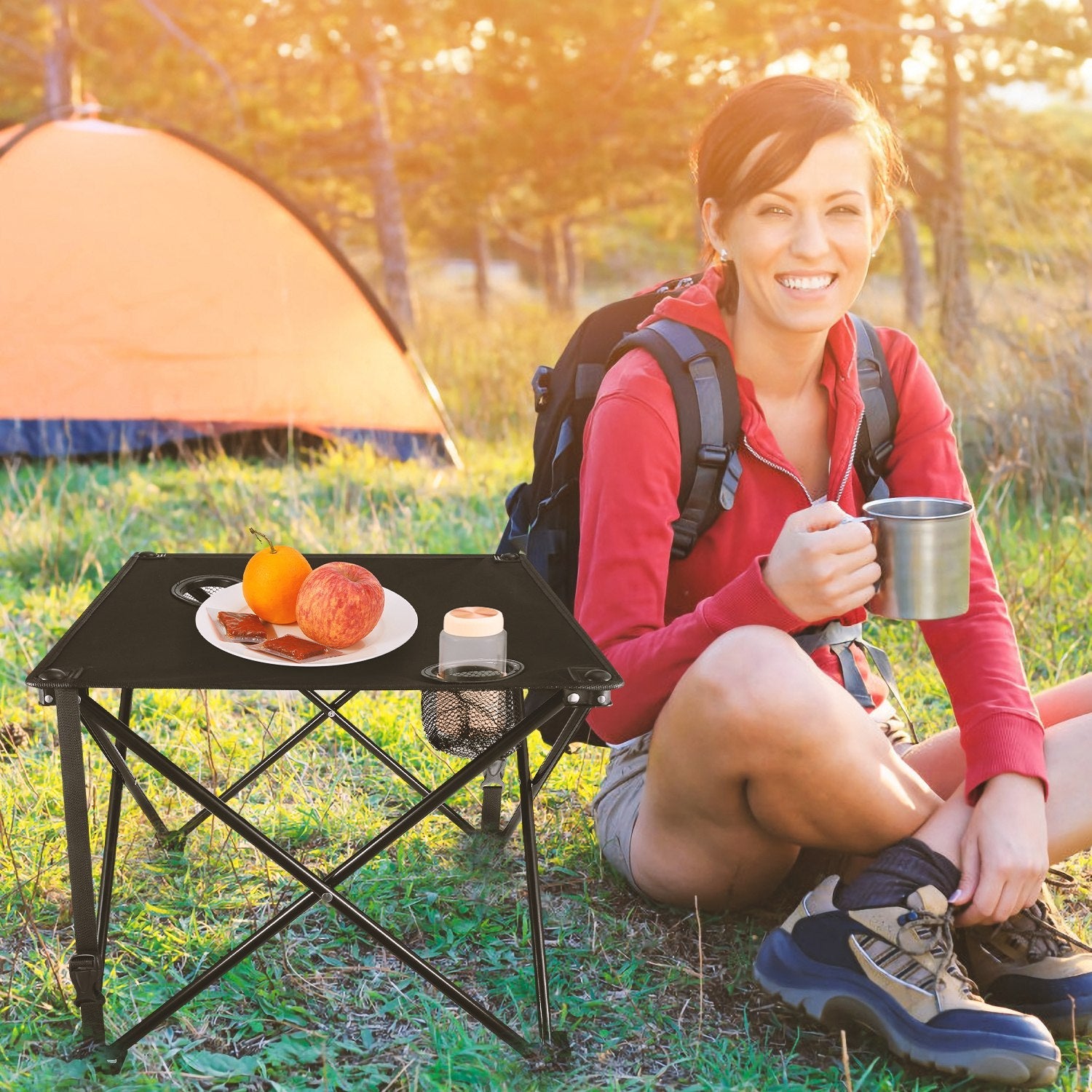 Foldable camping table set by GemGear with two cup holders and side mesh pocket on Tampa Home & Garden Store