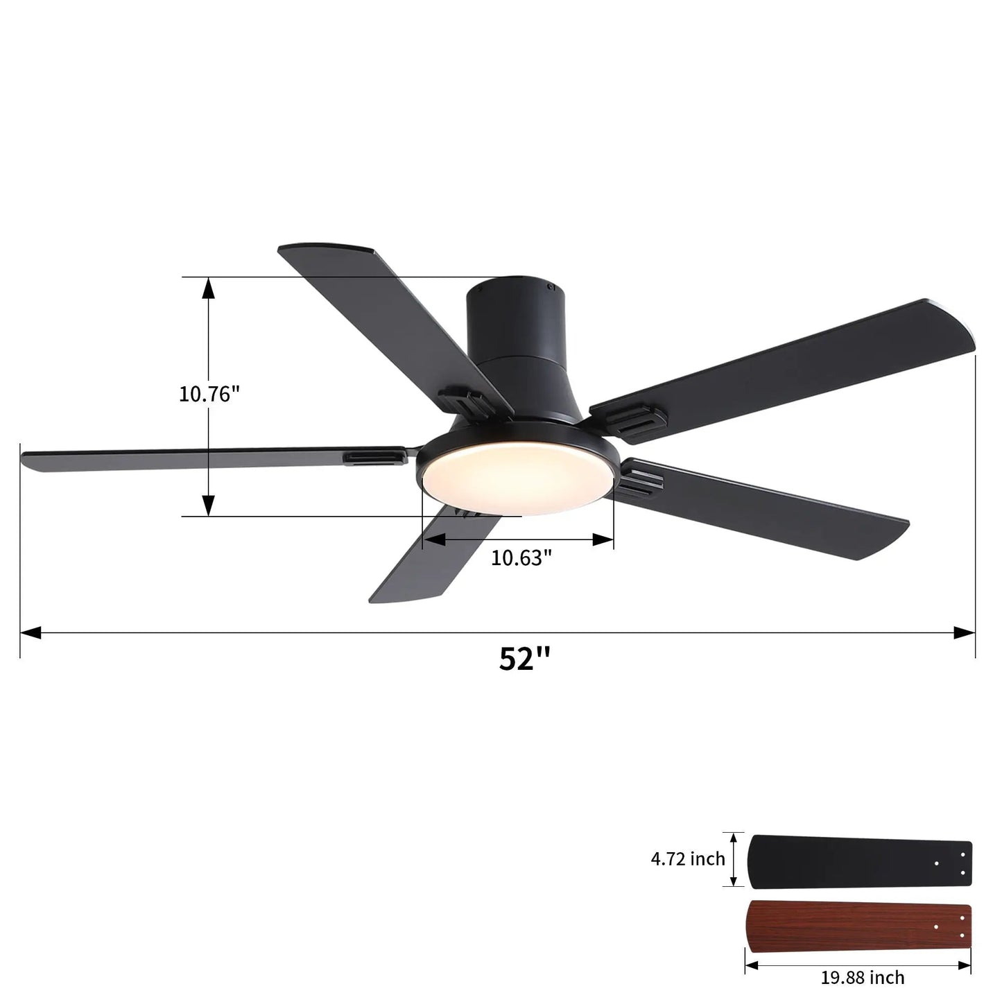 Flush mount ceiling fan with 5 black blades, LED light, remote control on Tampa Home & Garden Store
