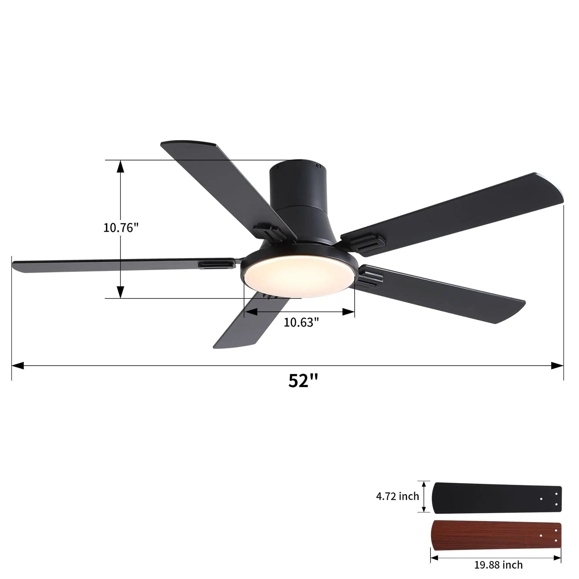 Flush mount ceiling fan with 5 black blades, LED light, remote control on Tampa Home & Garden Store