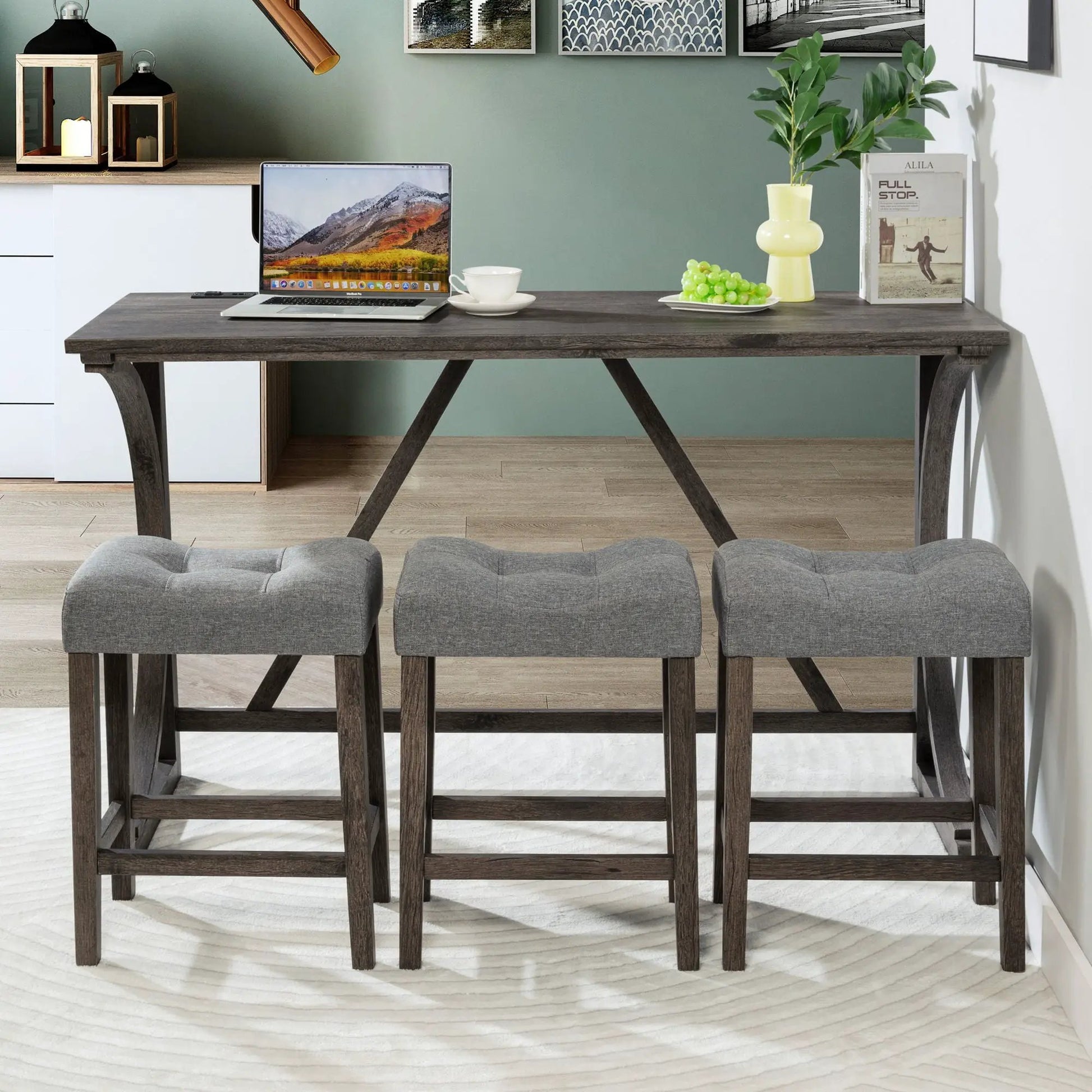 Bar table set with 3 padded gray stools in dark wood, 4-piece dining by Unique Piece Furniture on Tampa Home & Garden Store