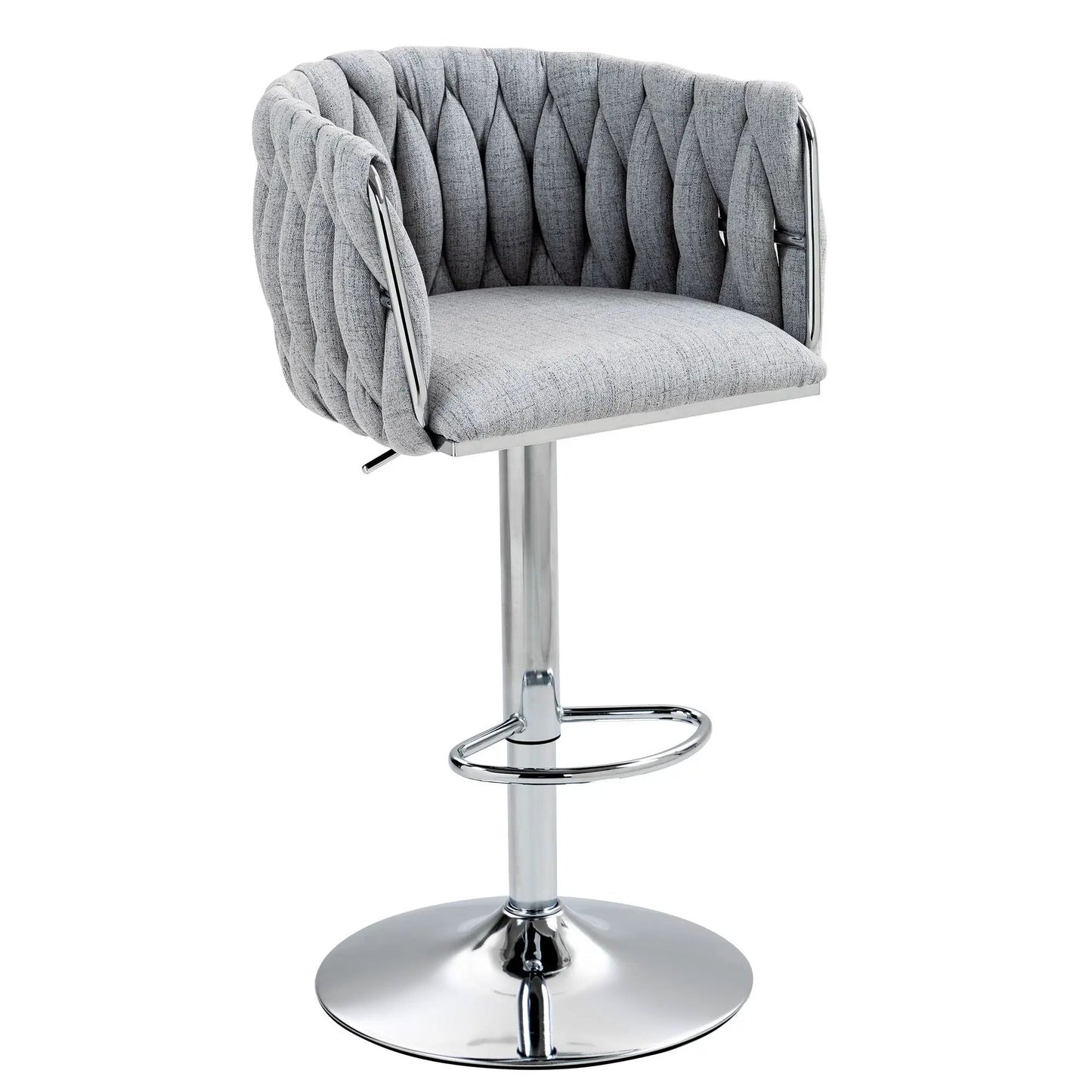 360 Degree Swivel Bar Stool with gray woven back & seat, chrome pedestal base, footrest on Tampa Home & Garden Store