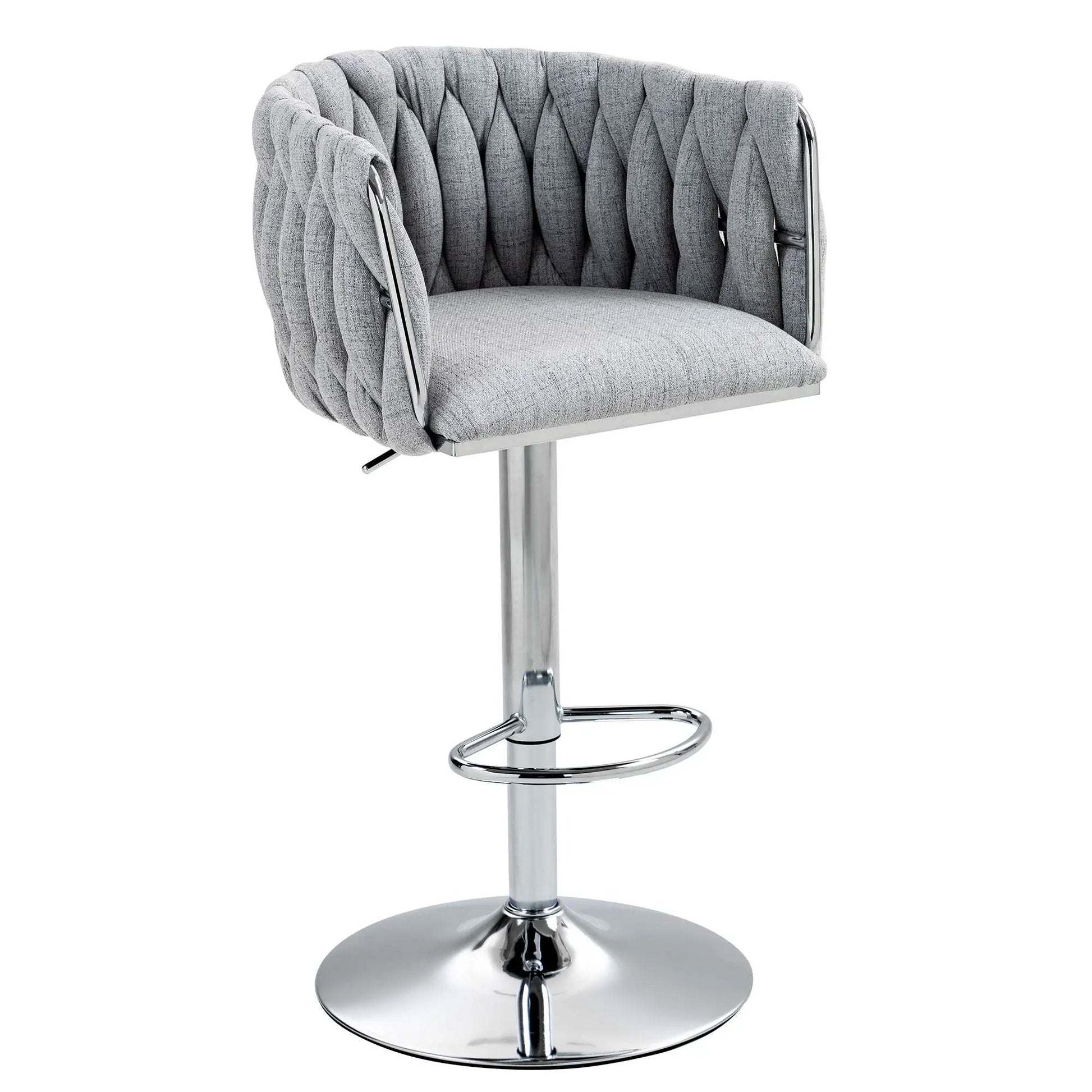 360 Degree Swivel Bar Stool with gray woven back & seat, chrome pedestal base, footrest on Tampa Home & Garden Store