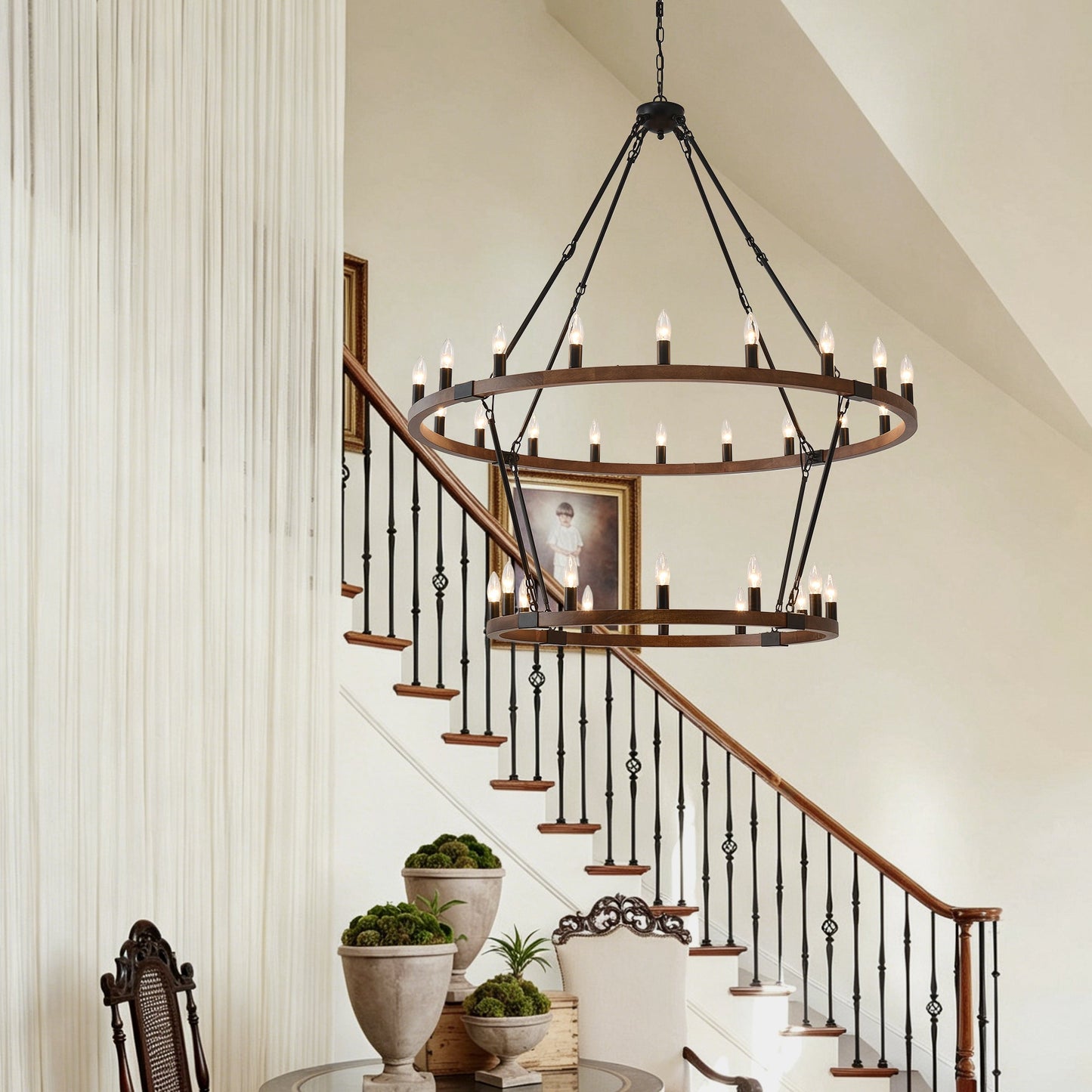 Large wood wagon wheel chandelier 2-tier 32 lights with black iron HouseOfZazla on Tampa Home & Garden Store