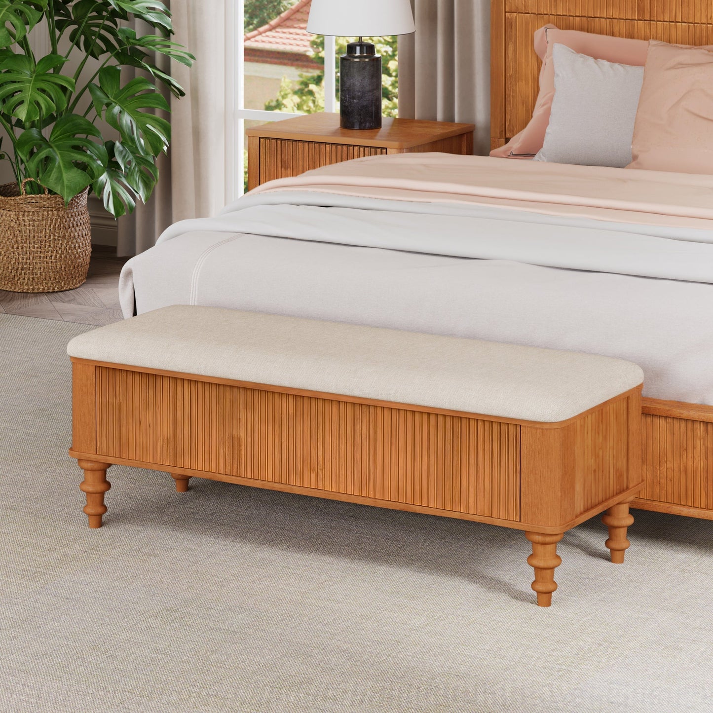 50.8-Inch Multi-Functional Storage Ottoman Bench beige upholstered top with wood legs on Tampa Home & Garden Store