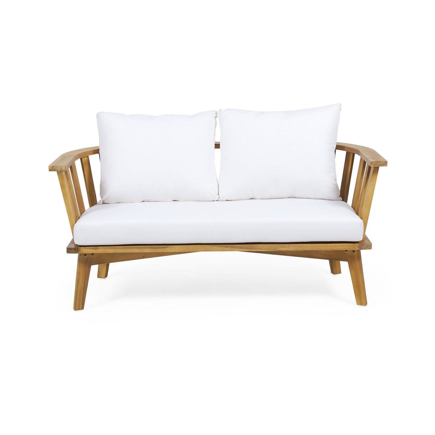 2-Person outdoor acacia wood patio seating set with white cushions and coffee table on Tampa Home & Garden Store